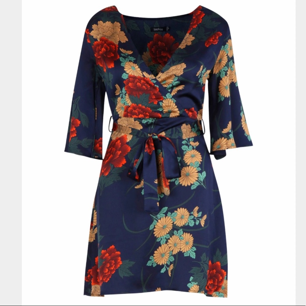 Navy Satin Floral Dress US-12 UK-16